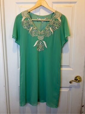 Chelsea & Violet Green Tunic with Cream Embroidered V-Neck Flutter Sleeves